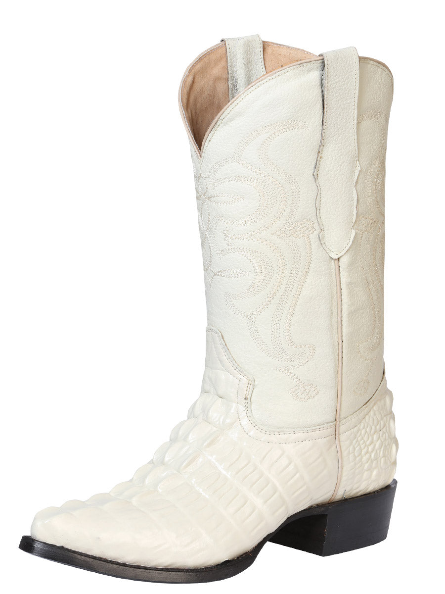 The Pointed Toe Cowboy Boot — Bone Caiman Tail Print (No. 40845)