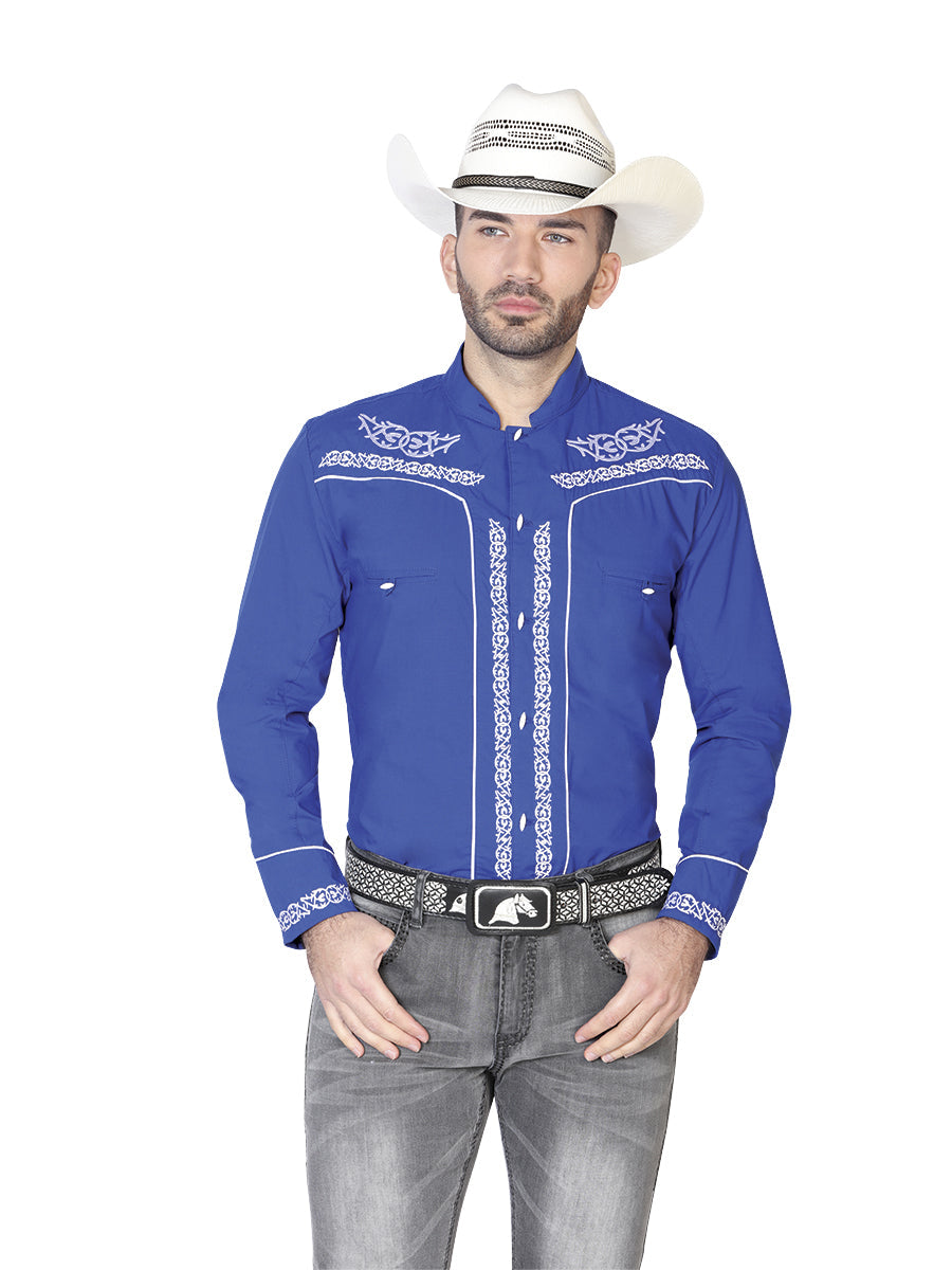 Mens El Señor de los Cielos Charro Embroidery Shirt Royal Blue/White 42878