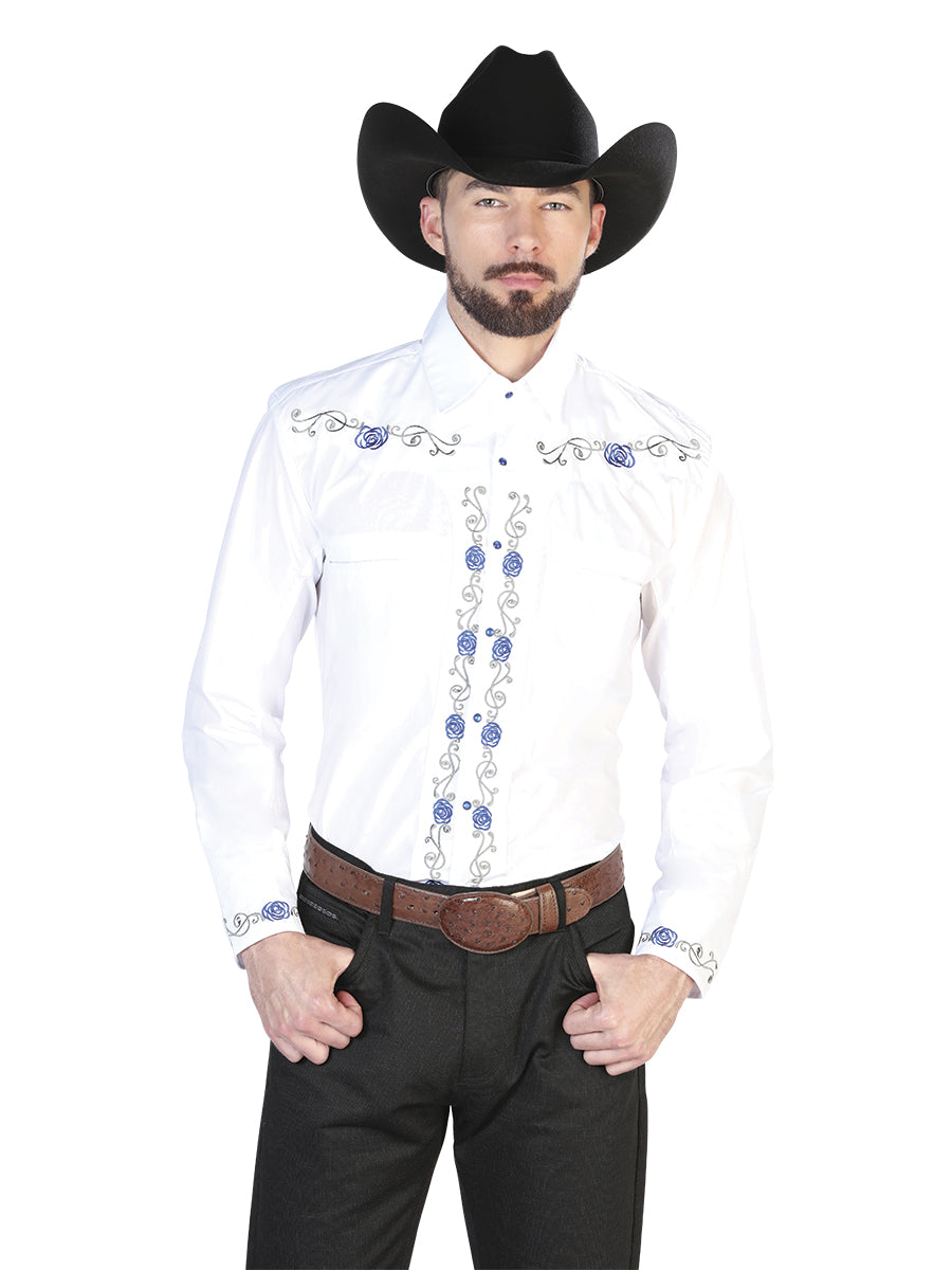 The Vaquero Embroidered Shirt — White & Blue (No. 42938)