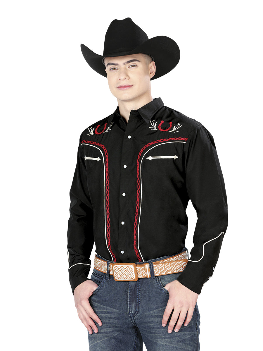 The Vaquero Embroidered Shirt — Black & Red (No. 43293)