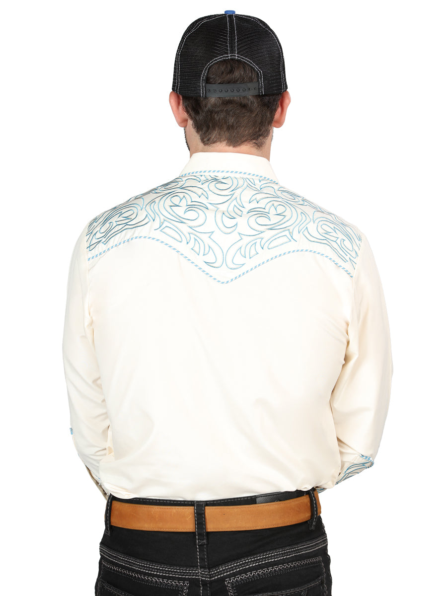 The Vaquero Embroidered Shirt — Beige & Blue (No. 44199)