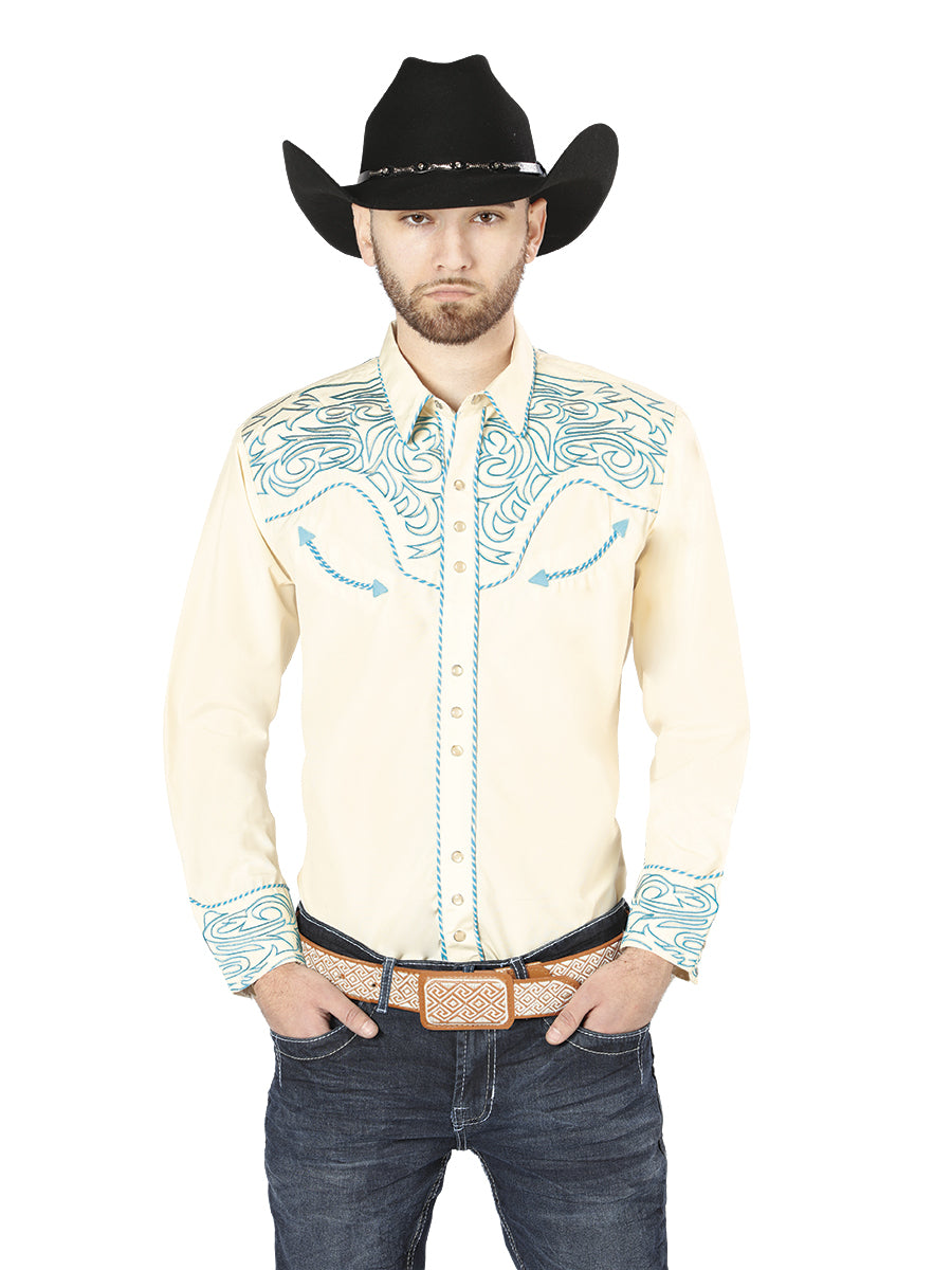 The Vaquero Embroidered Shirt — Beige & Blue (No. 44199)