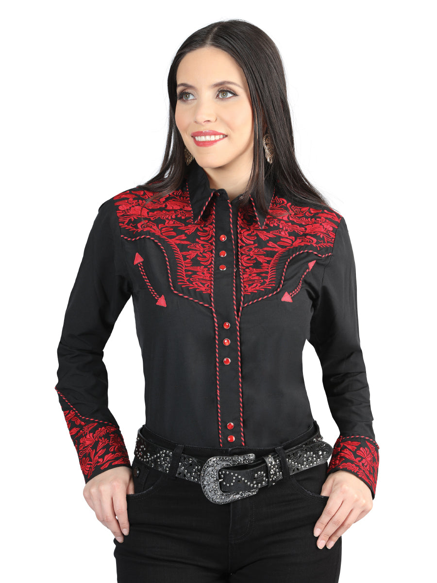 The Women's Vaquera Embroidered Shirt — Black & Red (No. 44344)