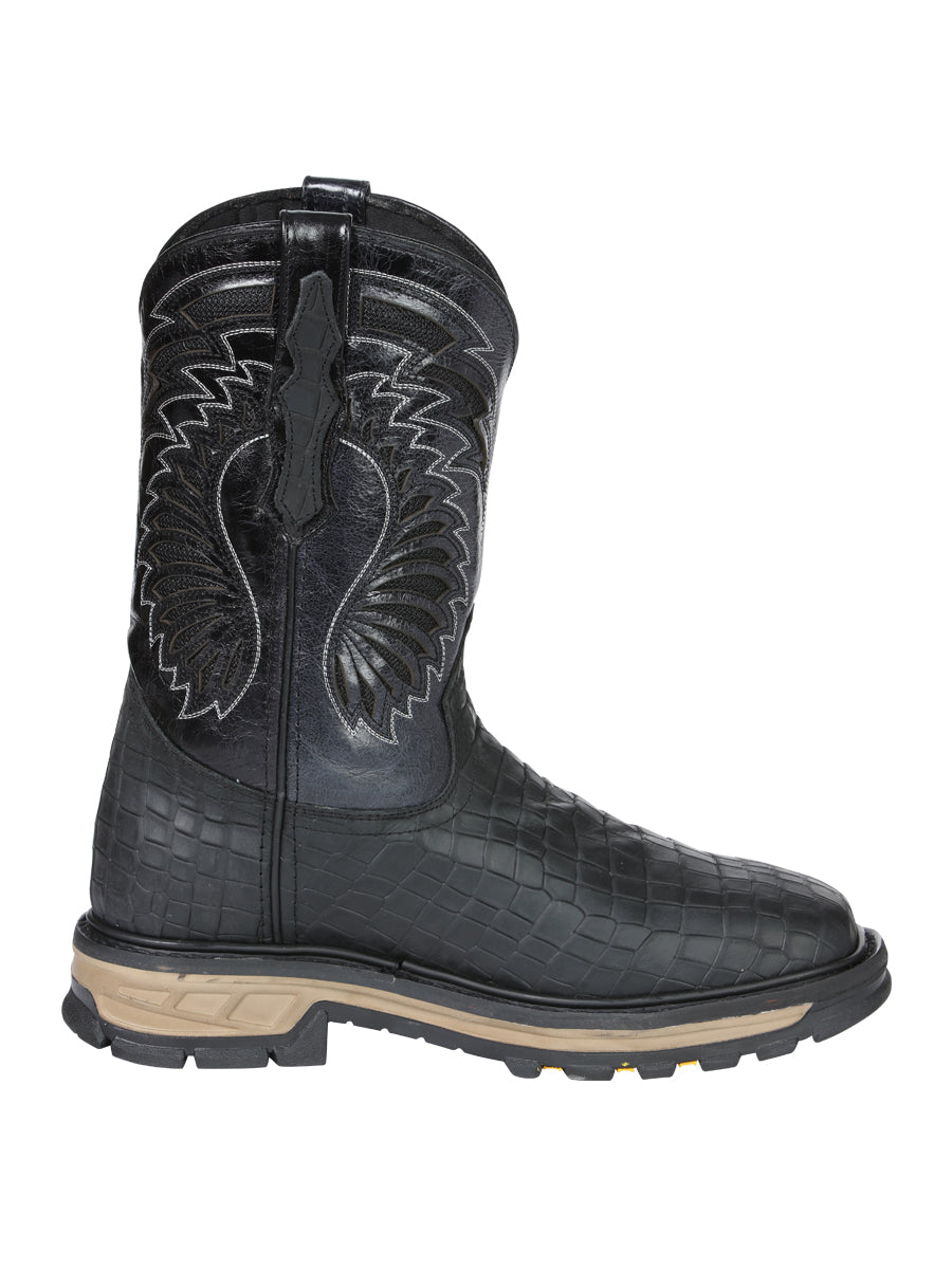 The Rodeo Work Boot — Black Caiman Print (No. 45810)