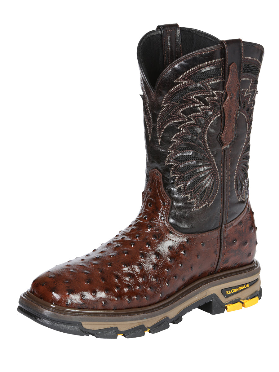 The Rodeo Work Boot — Brown Ostrich Print (No. 45814)
