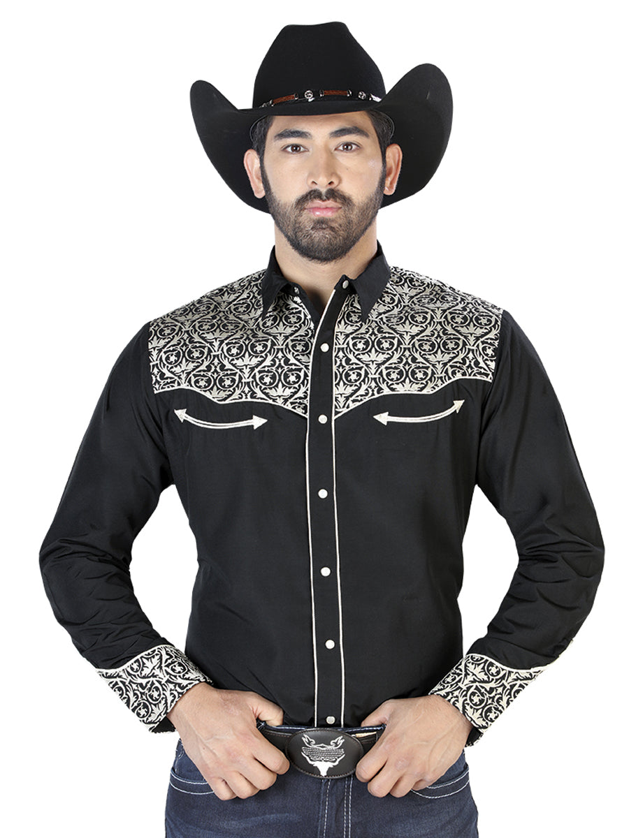 The Vaquero Embroidered Shirt — Black & Beige (No. 126704)