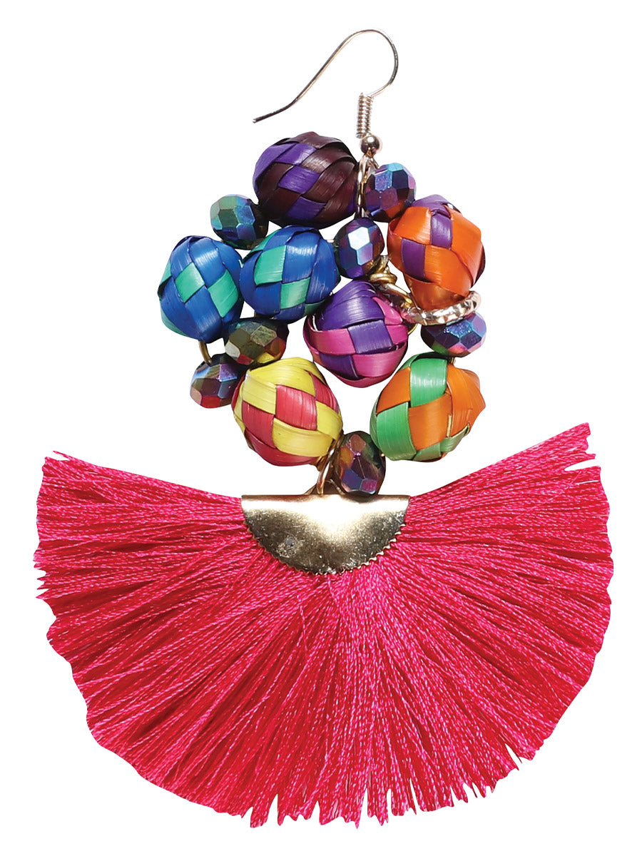 Artisanal Handcrafted Earrings Palm-Silk Thread Fuchsia 602572