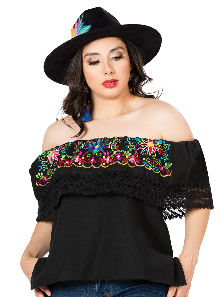 Artisanal Embroidered Blouse 100% Cotton Black 603053