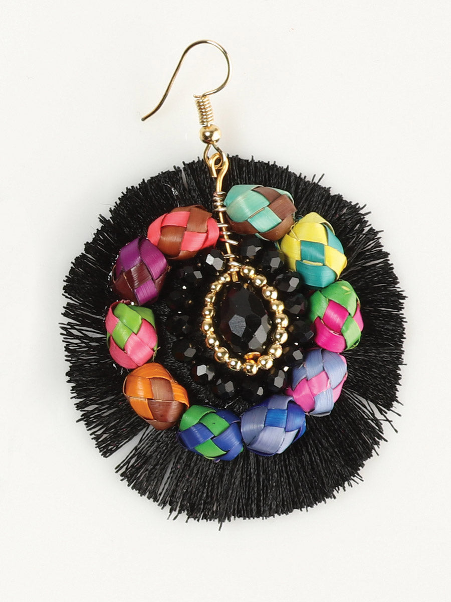 Artisanal Handcrafted Earrings Palm-Silk Thread Black 603248
