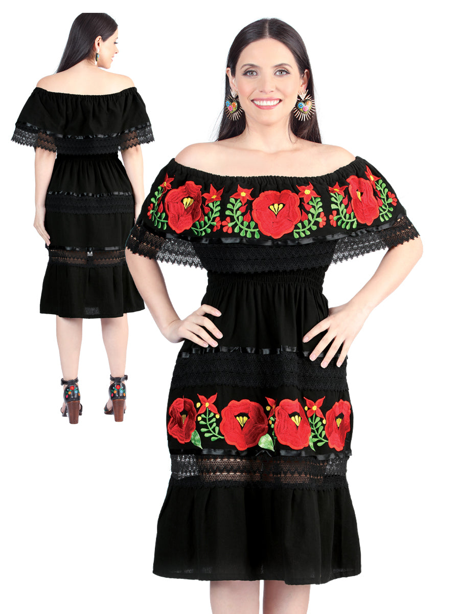 Artisanal Embroidered Dress 100% Cotton Black 604002