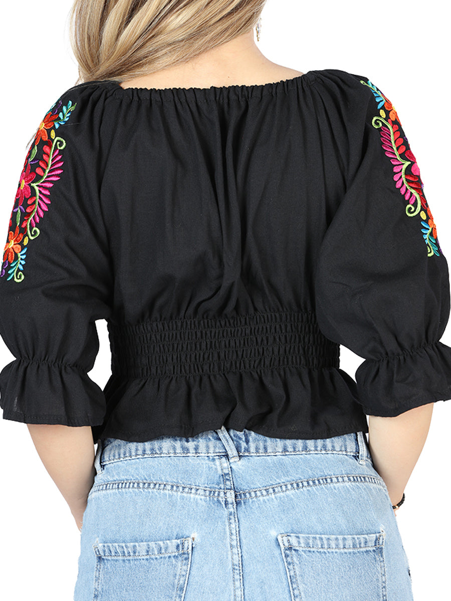 Artisanal Embroidered Blouse 100% Cotton Black 604051