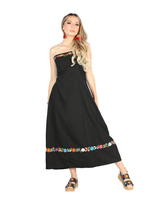 Artisanal Embroidered Dress 100% Cotton Black 604053