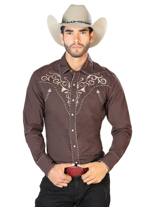 The Vaquero Embroidered Shirt — Brown & Gold (No. 42891)