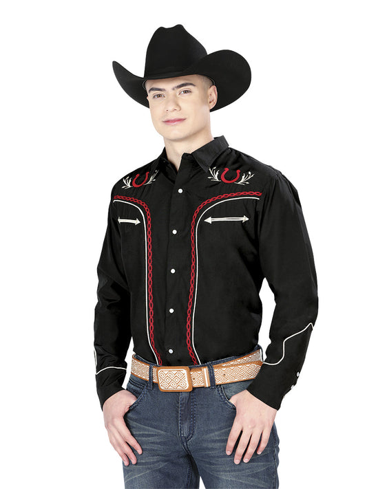 The Vaquero Embroidered Shirt — Black & Red (No. 43293)