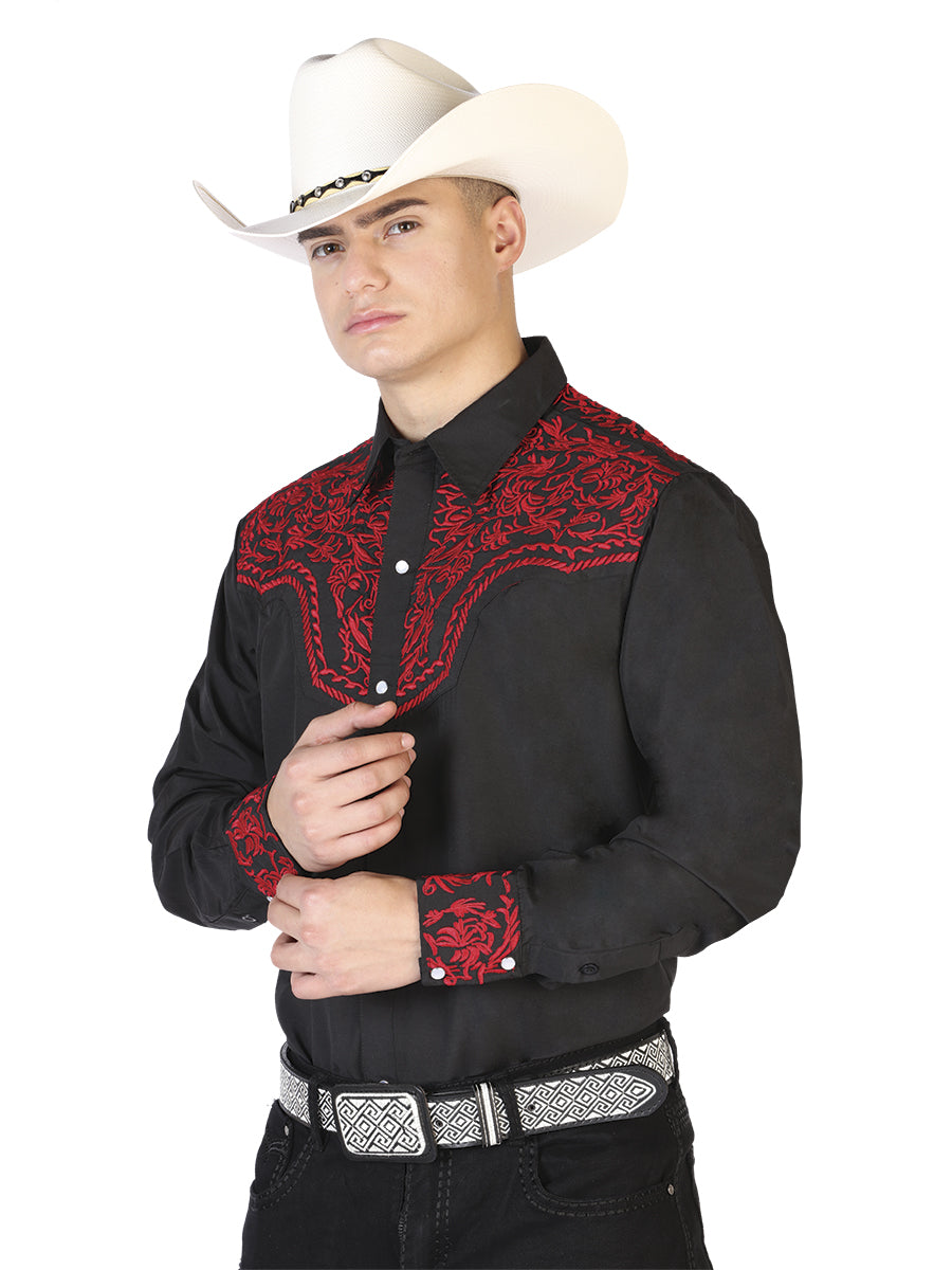 The Vaquero Embroidered Shirt — Black & Red (No. 43301)