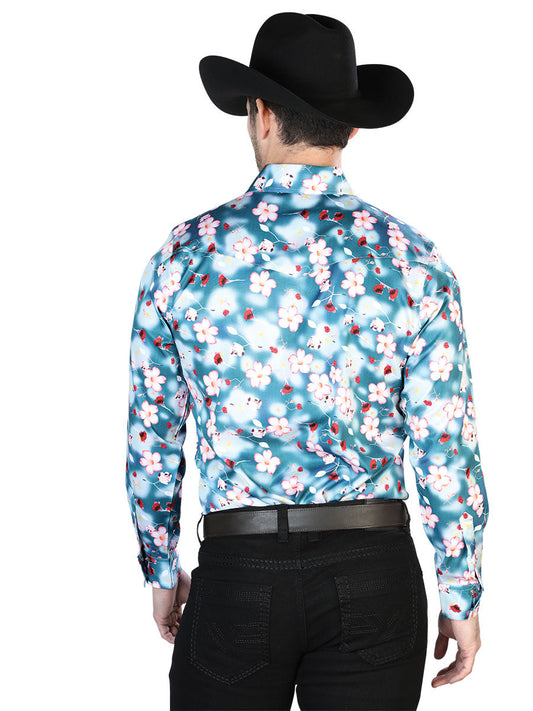Aqua Flowers Casual Long Sleeve Shirt 43943
