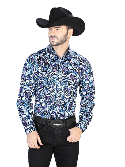 Blue Rose Print Casual Long Sleeve Shirt 44069