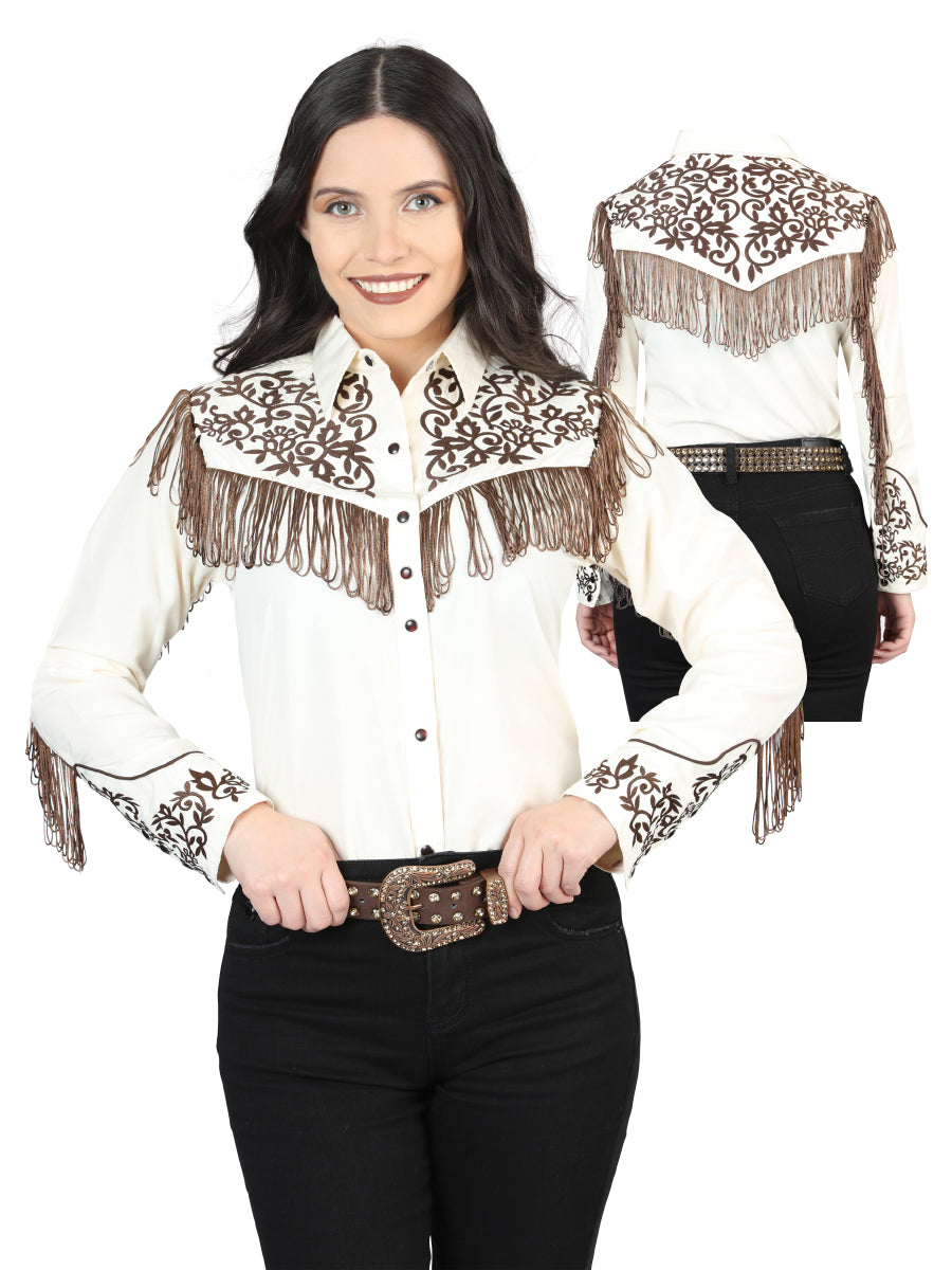 Womens Fringe Beige Embroidered Western-style Blouse 44183