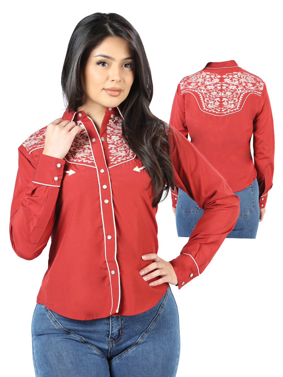 Womens Burgundy Embroidered Western-style Blouse 44184