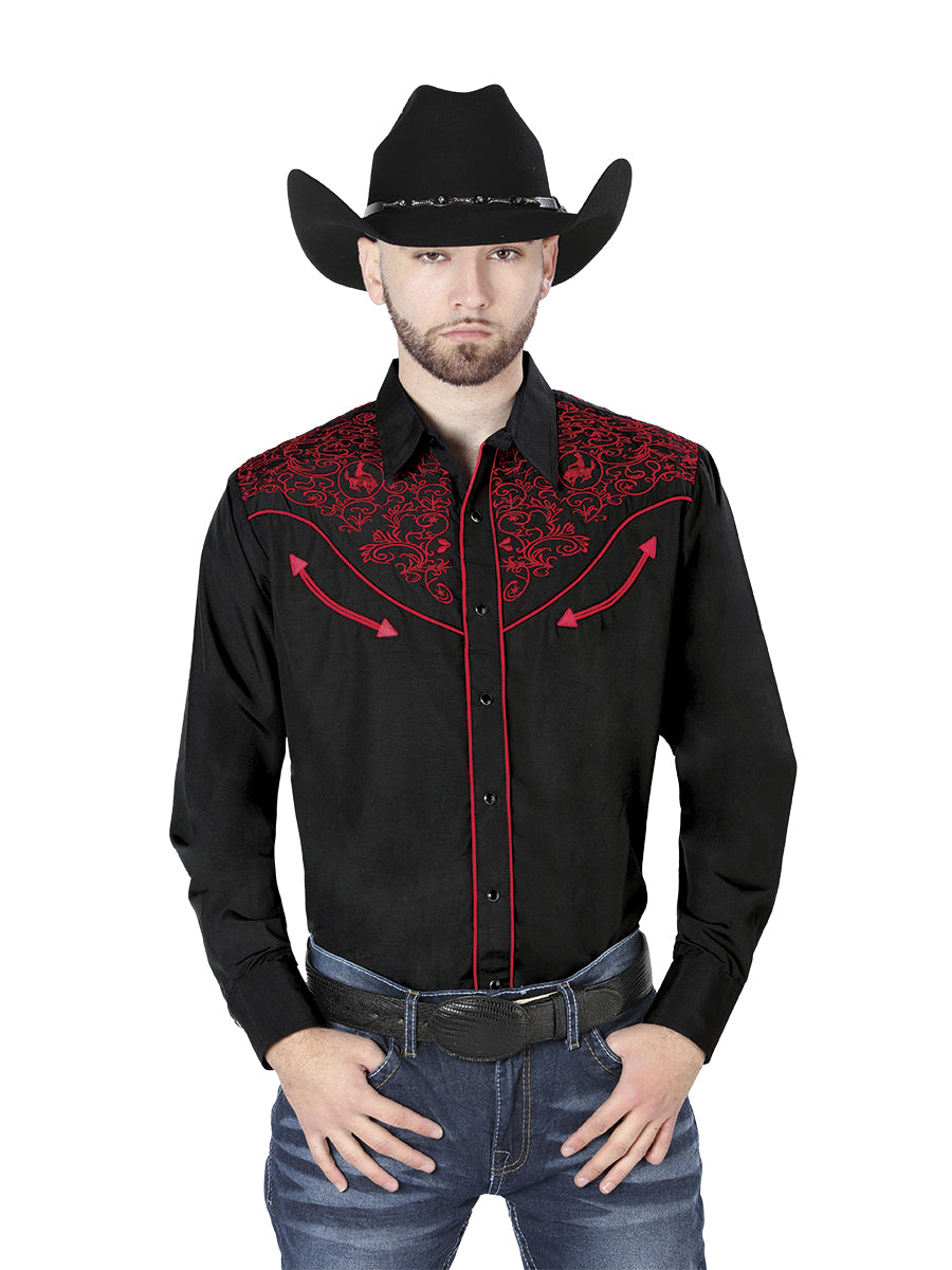 The Vaquero Embroidered Shirt — Black & Red (No. 44187)