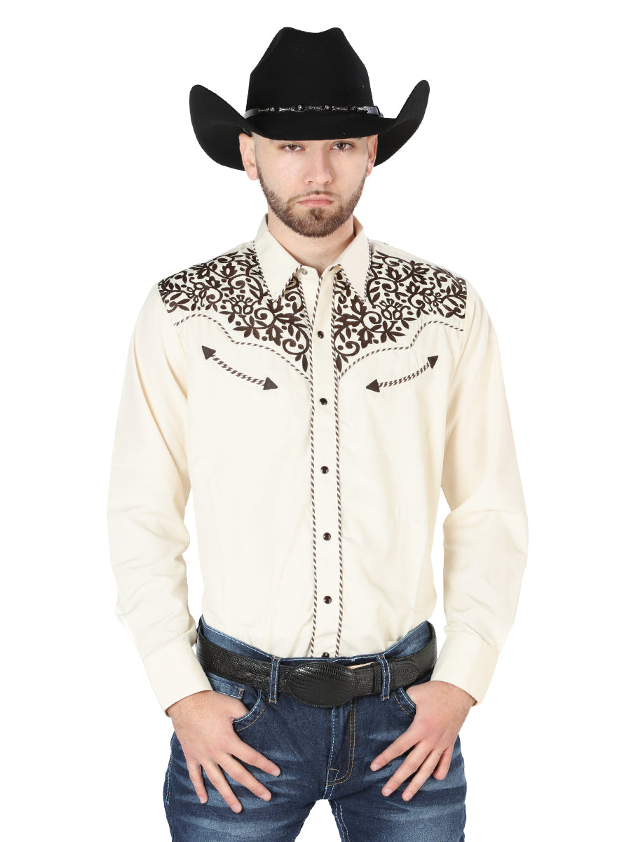 The Vaquero Embroidered Shirt — Beige & Black (No. 44193)