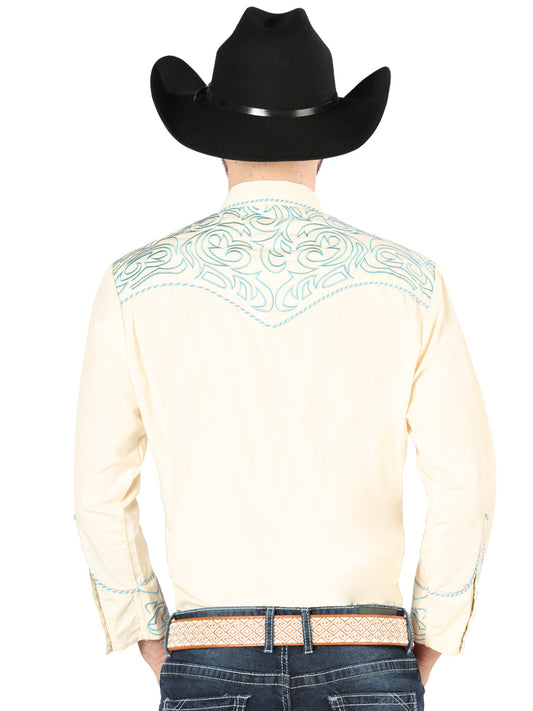 The Vaquero Embroidered Shirt — Beige & Blue (No. 44199)