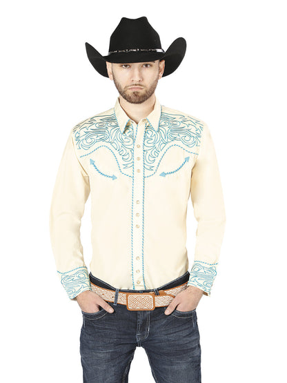 The Vaquero Embroidered Shirt — Beige & Blue (No. 44199)