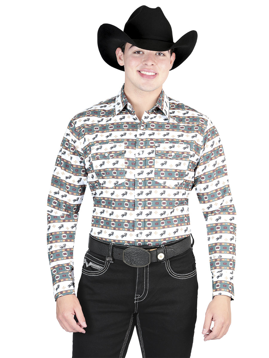 The Ranch Western Shirt — White & Green (No. 44322)