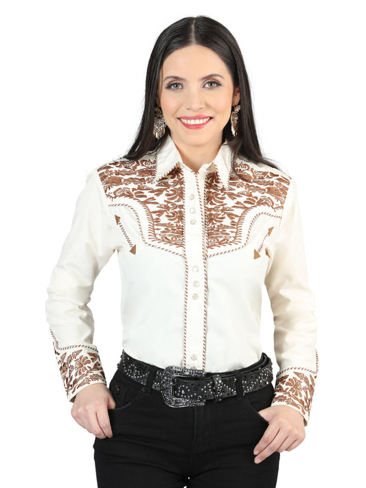 The Women's Vaquera Embroidered Shirt — Beige & Dark Camel (No. 44345)