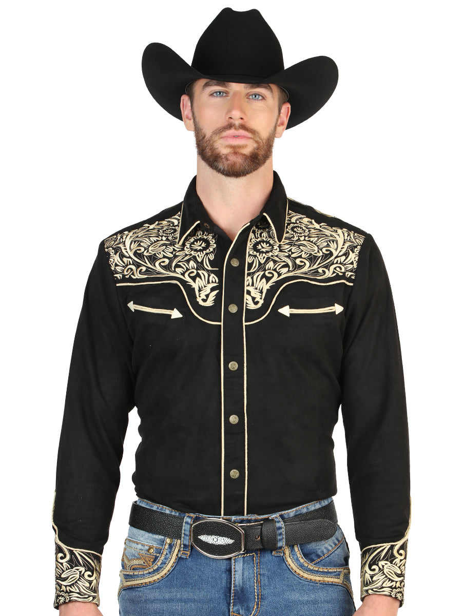 The Stretch Western Shirt — Black &amp; Gold Embroidered