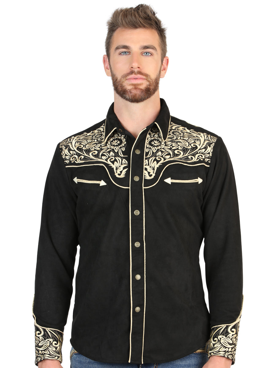 The Stretch Western Shirt — Black &amp; Gold Embroidered