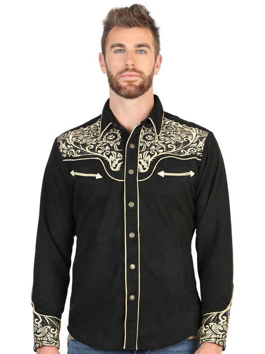 The Stretch Western Shirt — Black &amp; Gold Embroidered