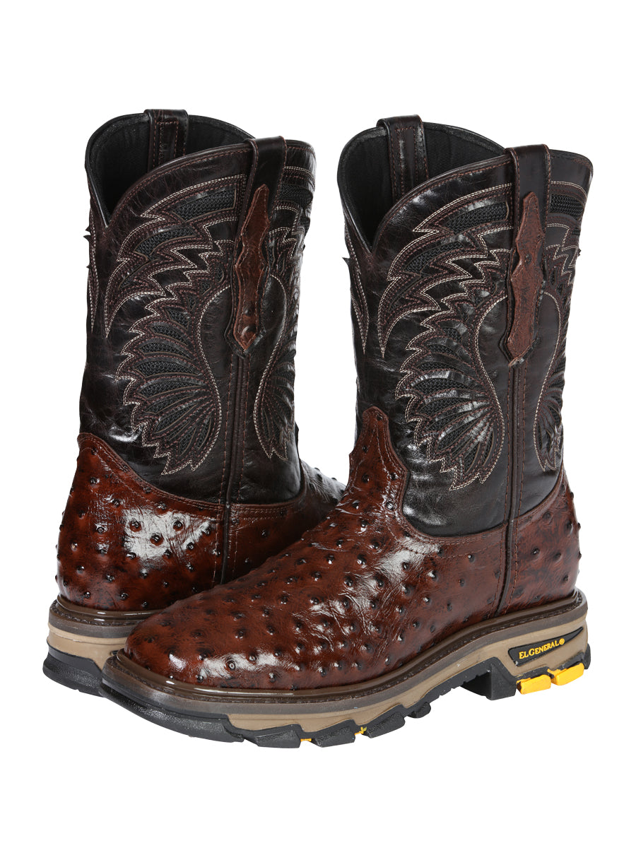 The Rodeo Work Boot — Brown Ostrich Print (No. 45814)