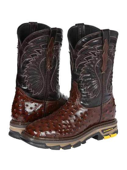 The Rodeo Work Boot — Brown Ostrich Print (No. 45814)