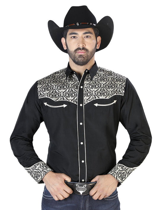 The Vaquero Embroidered Shirt — Black & Beige (No. 126704)