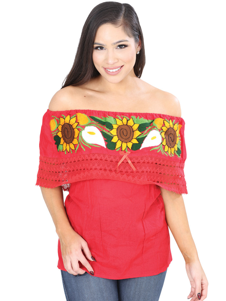 Artisanal Embroidered Blouse 50% Cotton, %50 Polyester Red  601703