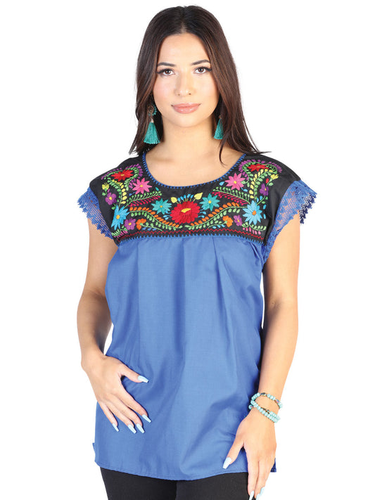 Artisanal Embroidered Blouse 50% Cotton 50% Polyester Royal Blue  602462