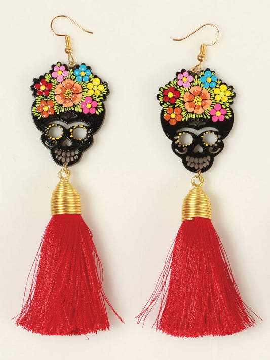 Artisanal Hand Painted Earrings Wood-Silk Thread Red 602941