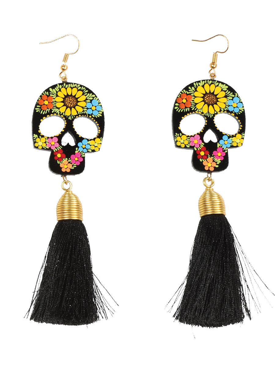 Artisanal Hand Painted Earrings Wood-Silk Thread Black 602947