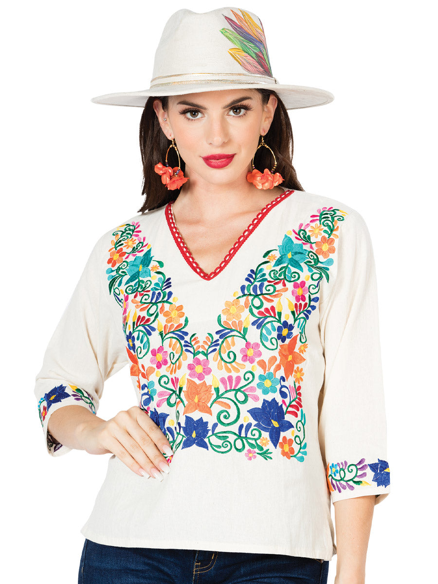 Artisanal Embroidered Blouse 100% Cotton Beige 603055