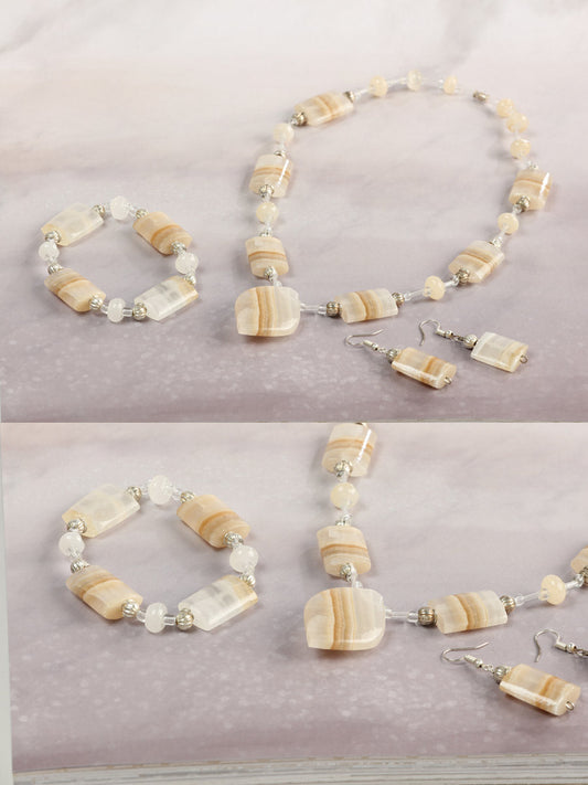 Artisanal Set Earrings-Necklace-Bracelet Onyx Stone  Natural/Caramel 603144