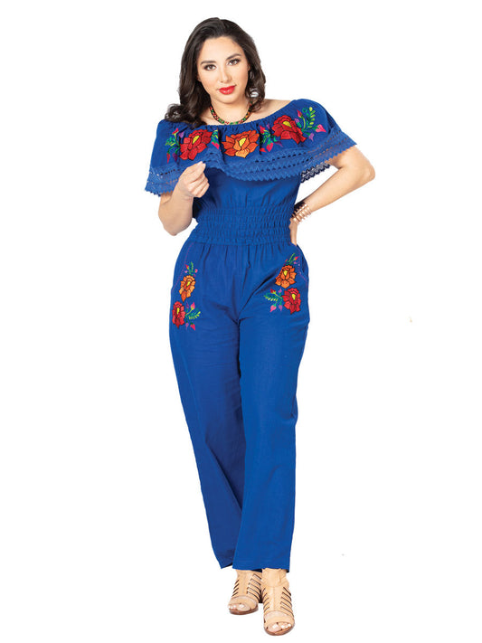 Artisanal Embroidered Jumpsuit 100% Cotton Royal Blue 603186