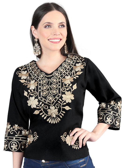 Artisanal Embroidered Blouse 100% Cotton Black 603962
