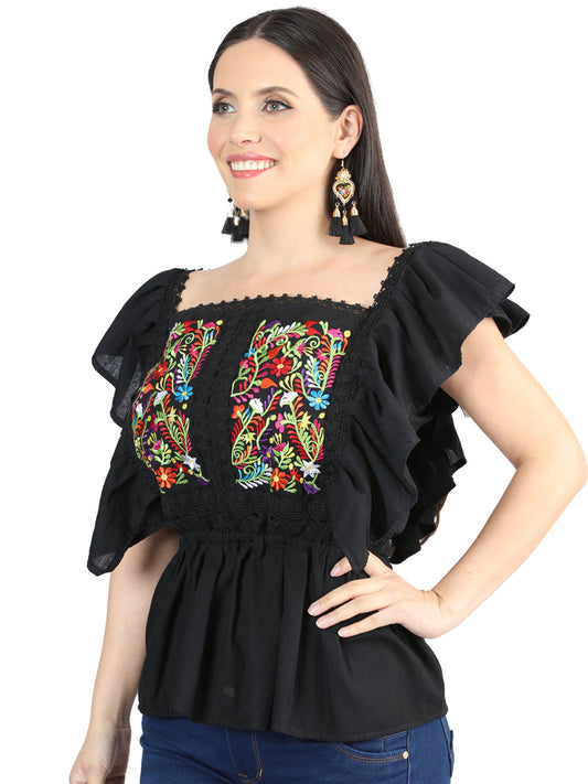 Artisanal Embroidered Blouse 100% Cotton Black 603966