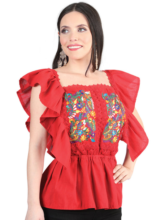 Artisanal Embroidered Blouse 100% Cotton Red 603967