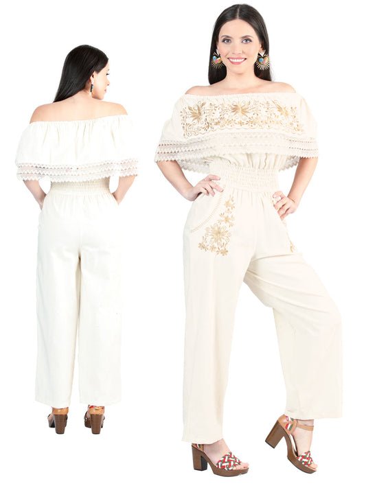 Artisanal Embroidered Jumpsuit 100% Cotton Beige 603998