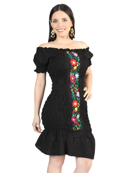 Artisanal Embroidered Dress 100% Cotton Black 604007
