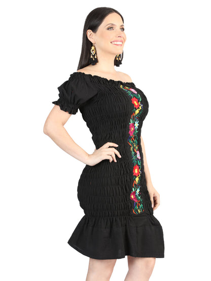 Artisanal Embroidered Dress 100% Cotton Black 604007