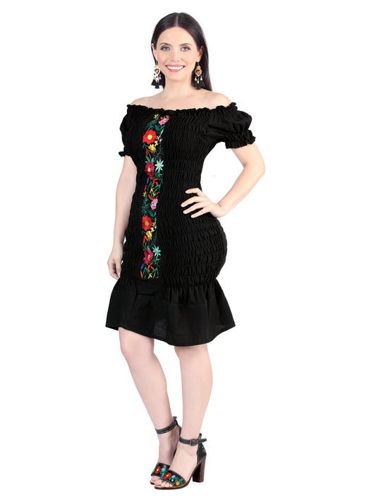Artisanal Embroidered Dress 100% Cotton Black 604007