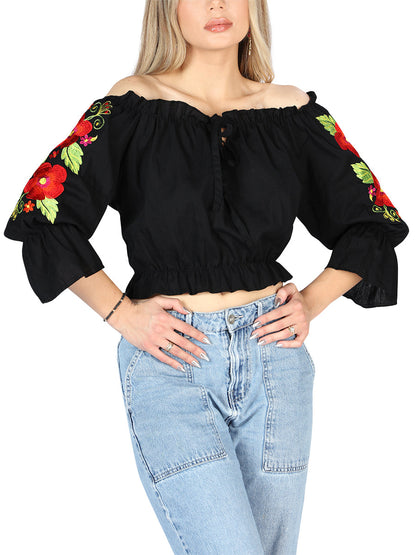 Artisanal Embroidered Blouse 100% Cotton Black 604050